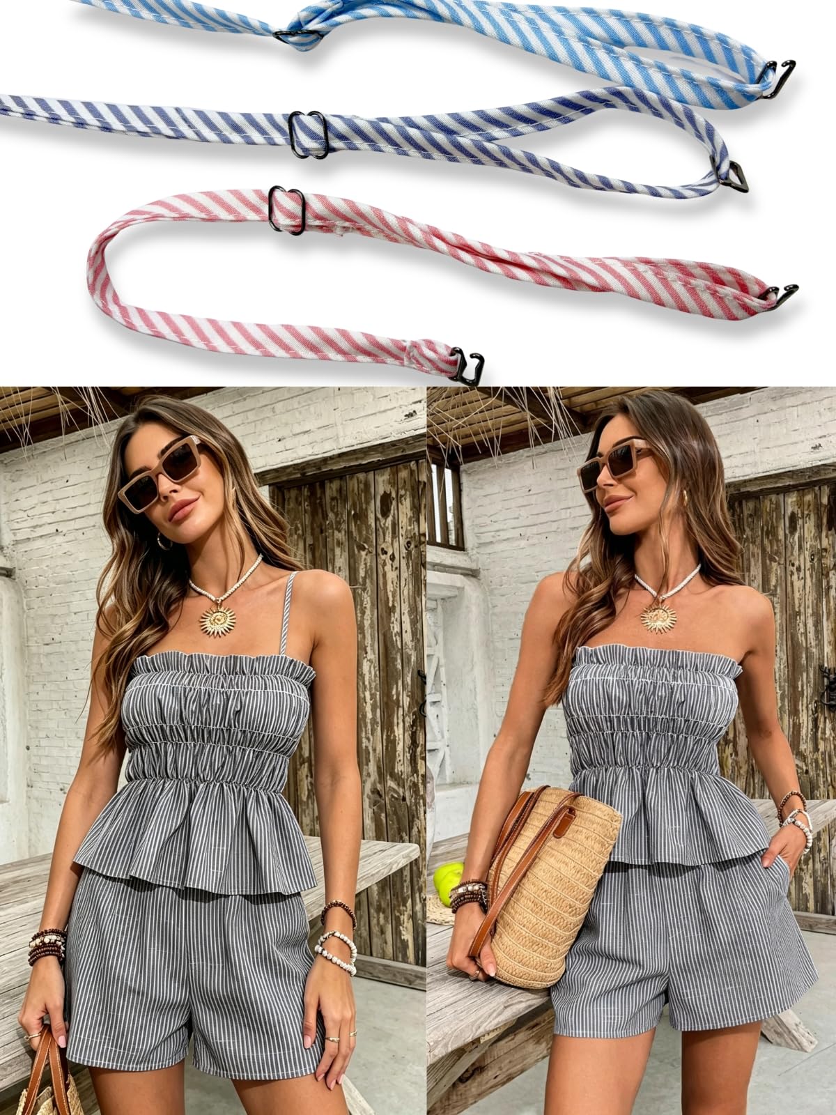 Ensemble Femme 2 Pièces Ete Chic Short avec Poches Haut Bretelles e Bermuda des Rayures Décontracté Slim Fit Sexy