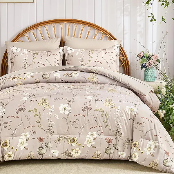 DJY King Size Comforter Set, Brown Botanical Floral Bedding Comforter Sets King for All Seasons, 7 Pieces King Bed in a Bag Lightweight Microfiber Comforter Set with Sheets Pillowcases & Shams