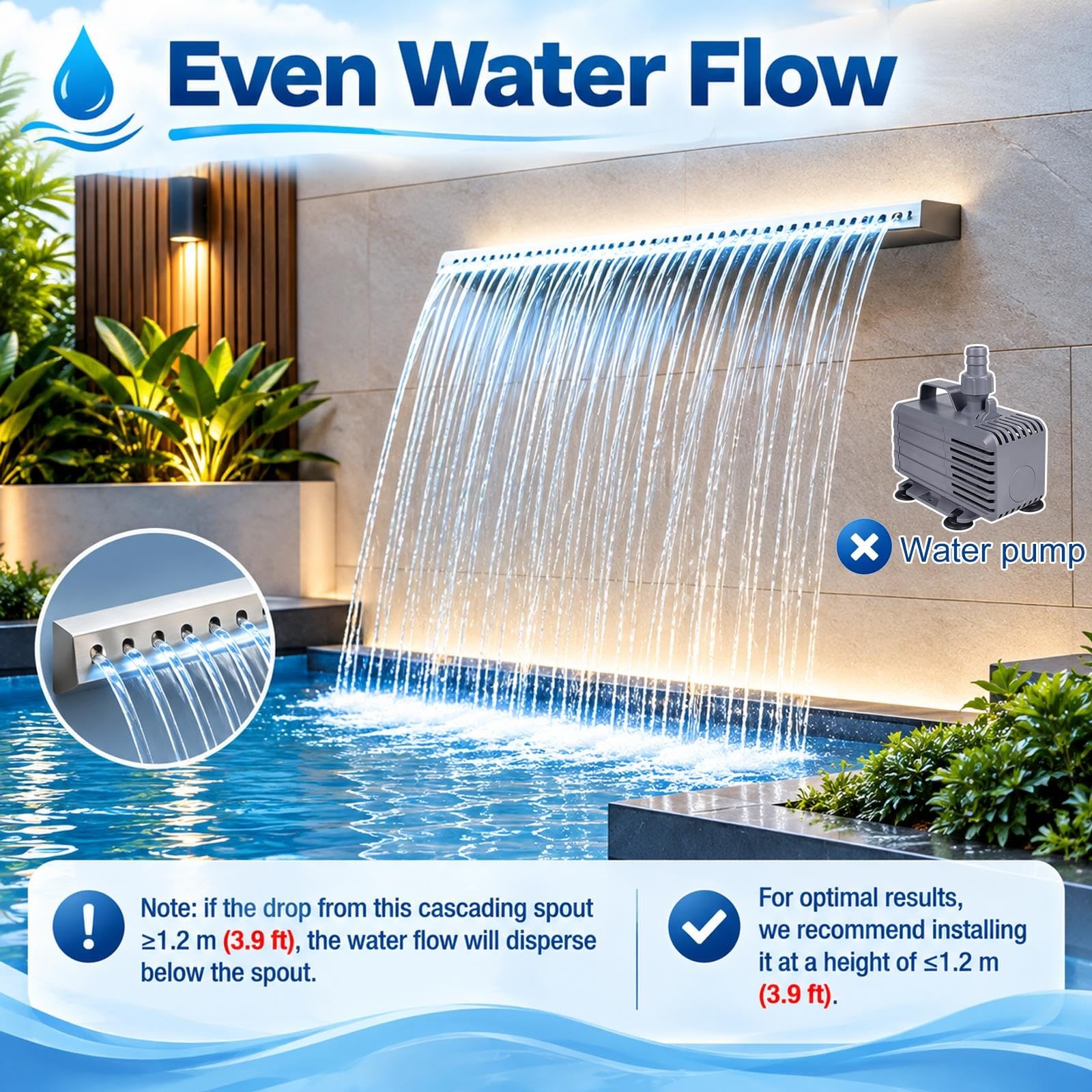 Cascada Piscina Kit De Fuente De Agua con Vertedero Personalizado