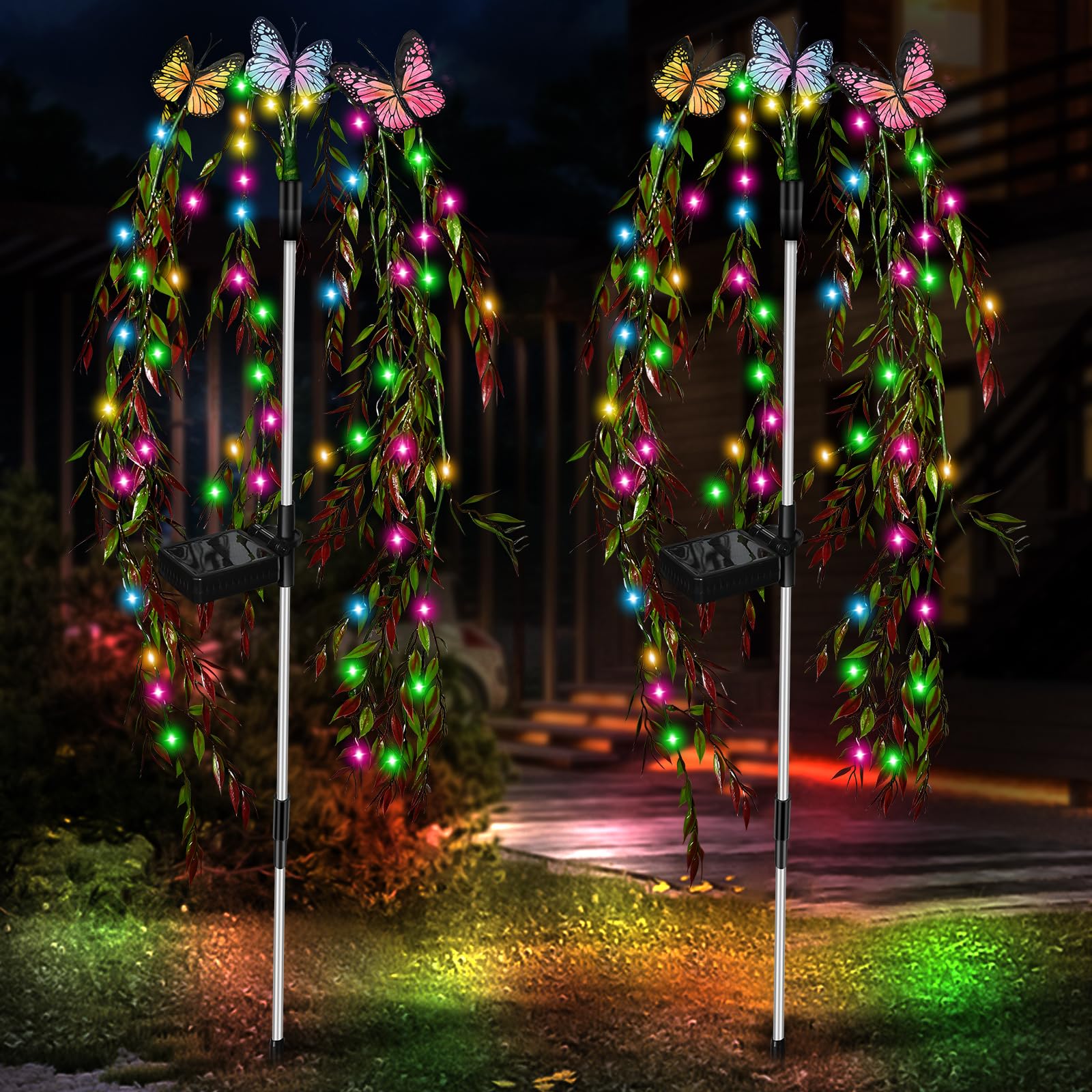 Solar Garden Lights Outdoor Decorative Waterproof, 69LED Swaying Willow Tree Solar Lights for Outside, Butterfly Flower Lights Solar Power Yard Decor for Pathway Patio Lawn Party Decorations