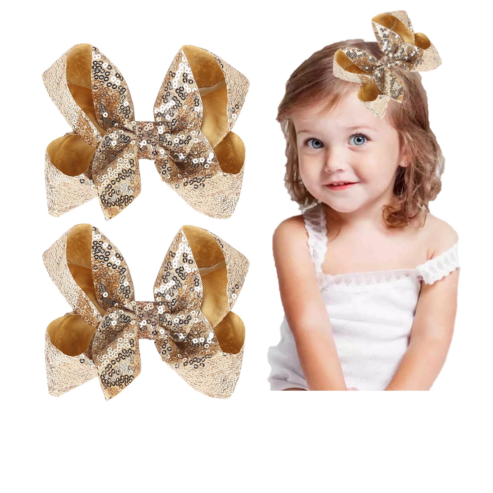 SOUONUP 2 Pieces Hair Clips for Girls, Women, and Teens - 6 Inches Handmade Sequins Large Bows Alligator Hair Clips, Gold