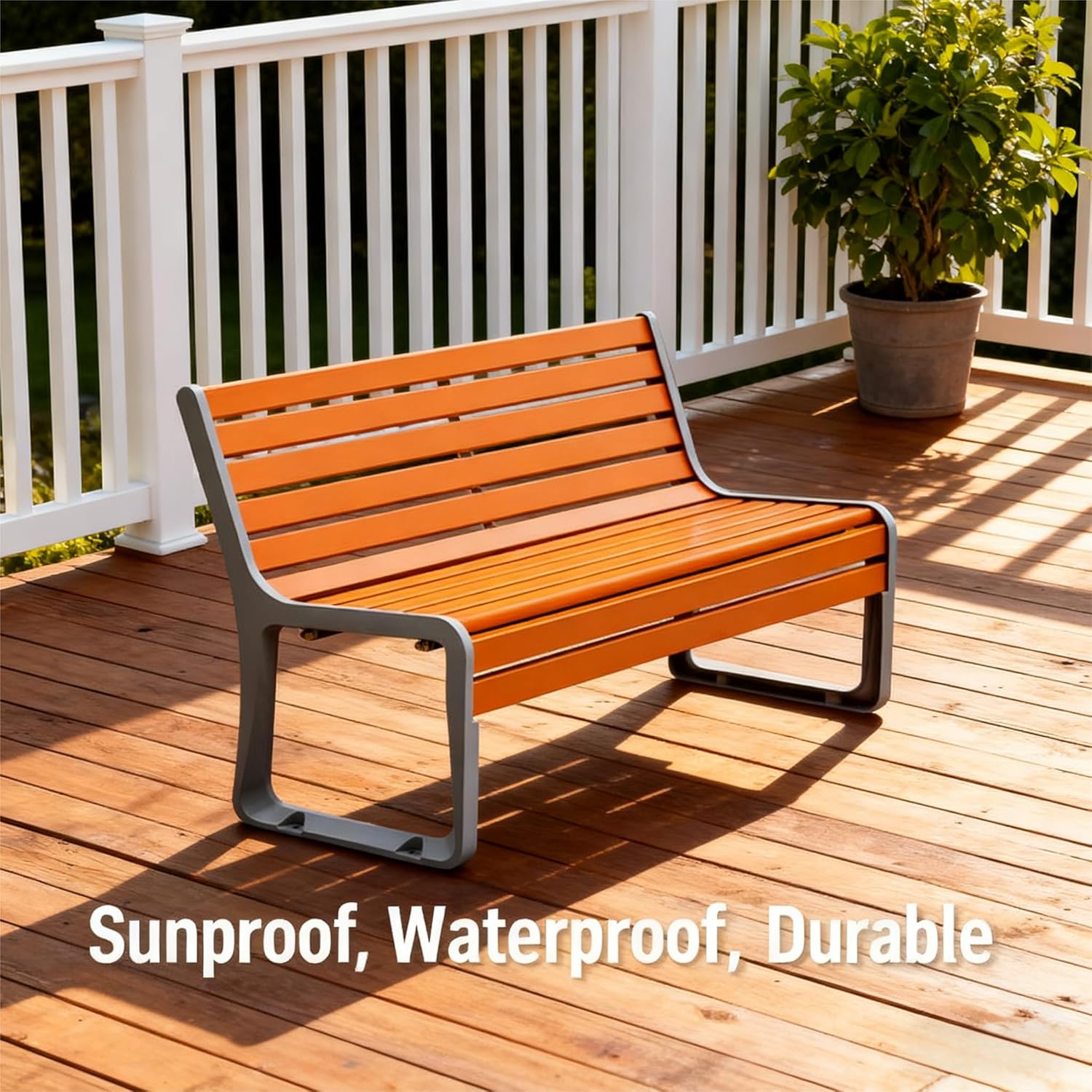 Modern Outdoor Park Bench, Slatted Wood Design, Gray Metal Frame, Orange Finish