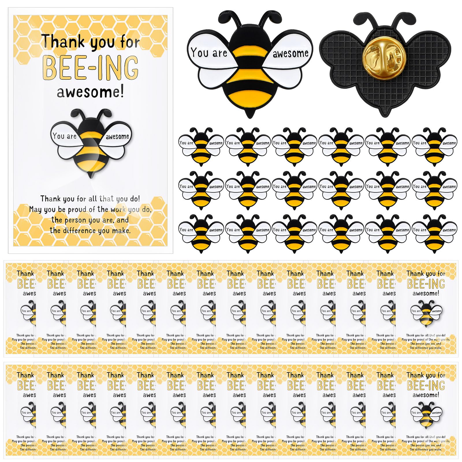 Misdary Bee Employee Appreciation Gifts Bulk Thank You Gifts for Coworkers Staff Awesome Bee Lapel Pins Brooch and Cards