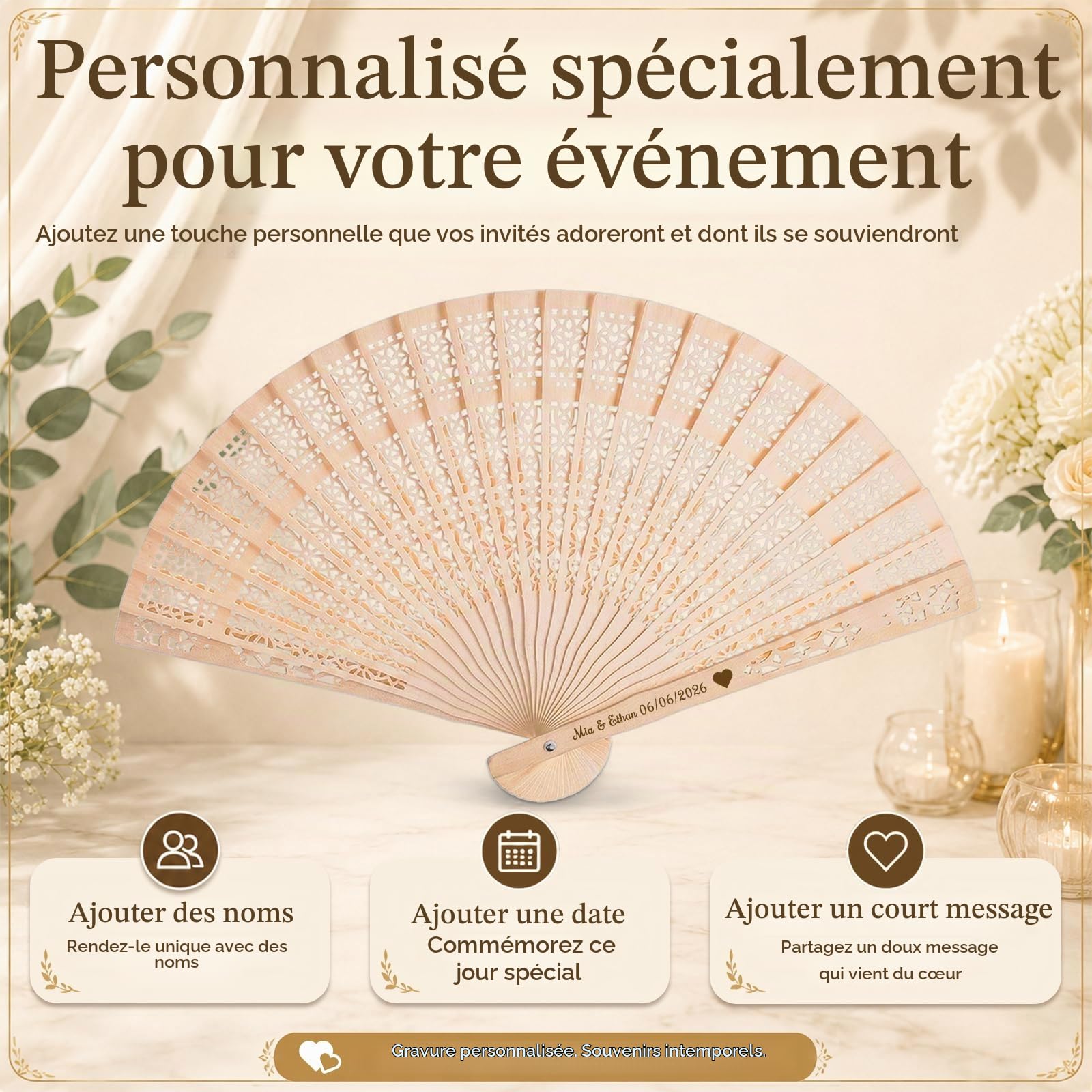 Lot de 50 Eventail Mariage Personnalisable,Éventail Personnalisable | Evantaille Bois avec Nom Texte ou Date,Cadeaux Invités Mariage,Souvenirs EVJF,Baby Shower,Décoration Cérémonie Fêtes d'Été