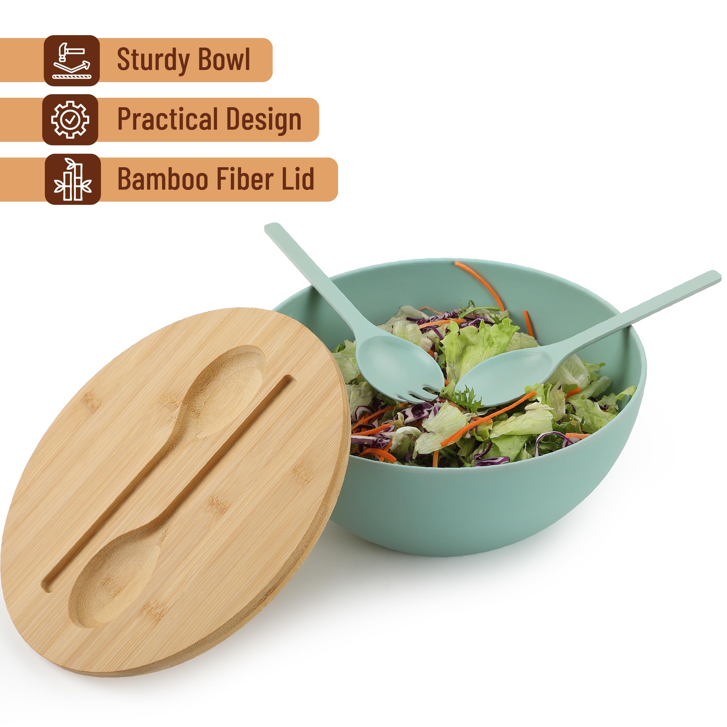 Juego de cuencos para servir ensalada con tapa de madera y utensilios, 6.5 cuartos de galón, cuenco de ensalada de fibra de bambú con servidores para cocina, cuenco de color turquesa