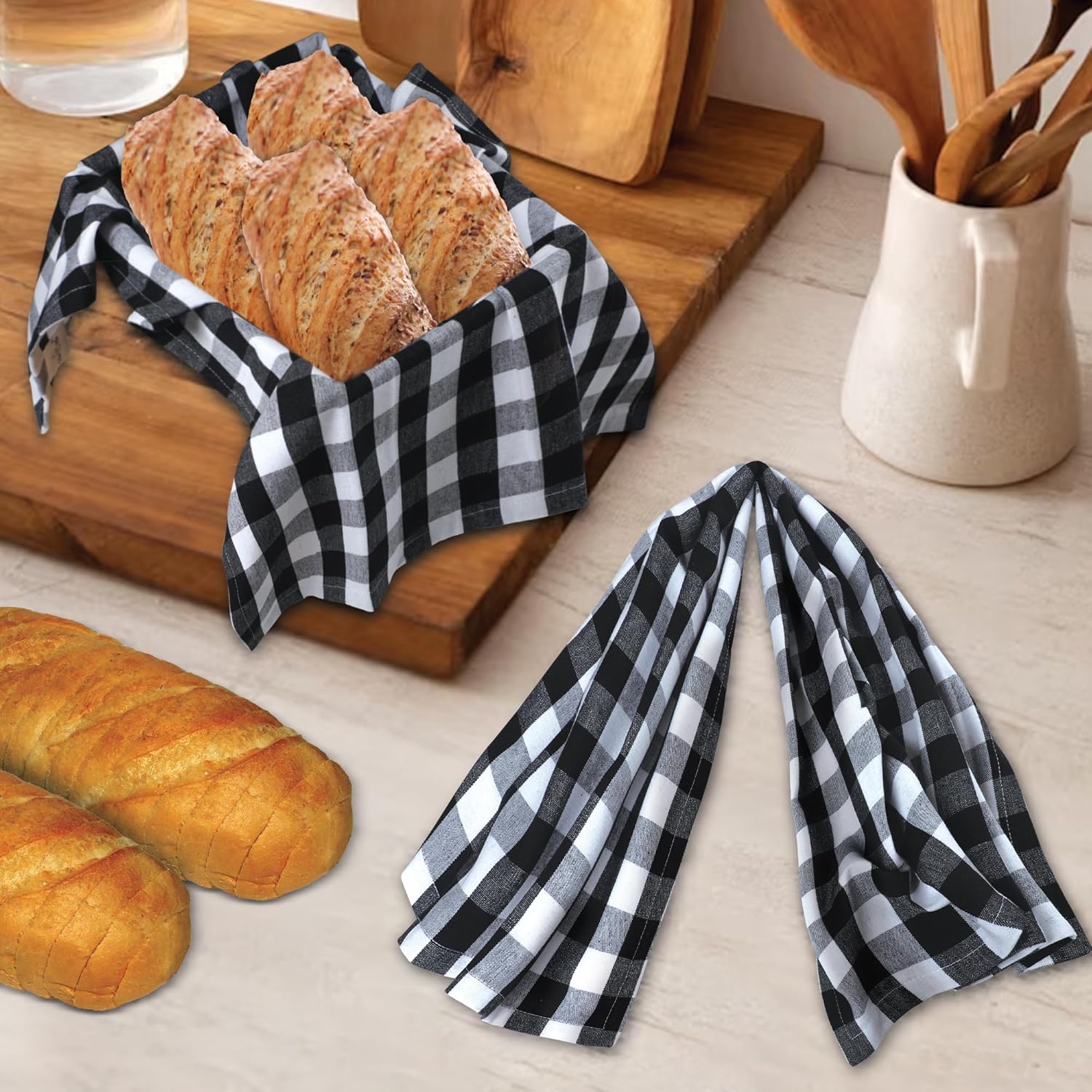 Urban Villa Kitchen Towels 100% Cotton Dish Towels for Kitchen (Set of 6) 20”x30” Dish Cloths Highly Absorbent Kitchen Linen Set with Hanging Loop Perfect for Drying Dishes Cleaning – Black White - Image 6