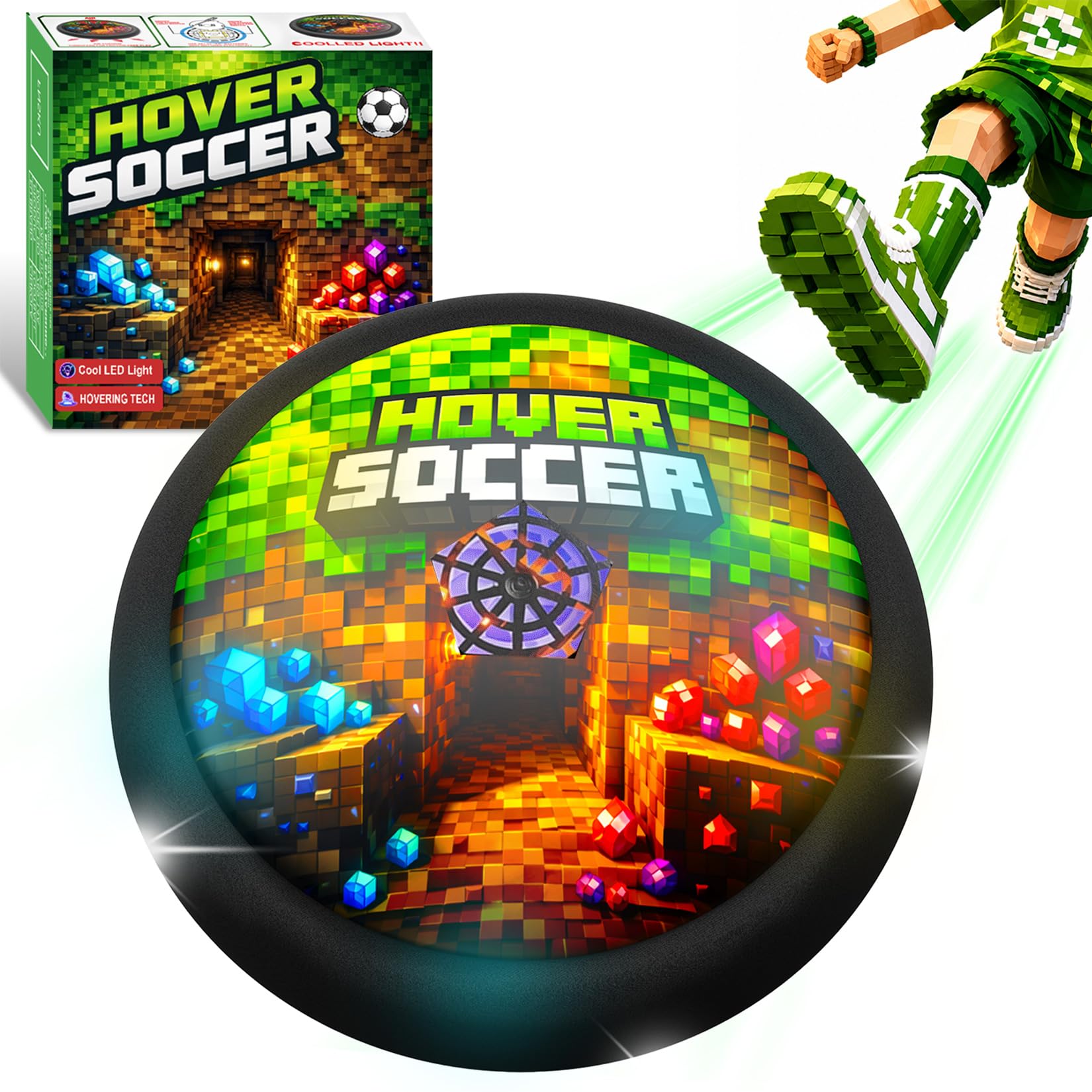 CINKOLA Pixel Mine Adventure Craft Toys Indoor Football Hover Soccer Ball Indoor with LED Light,3 4 5 6 7 8 Year Old Boys Gifts Kids Toys Age 3-9 Indoor Toy Birthday Present Easter Gift for fans