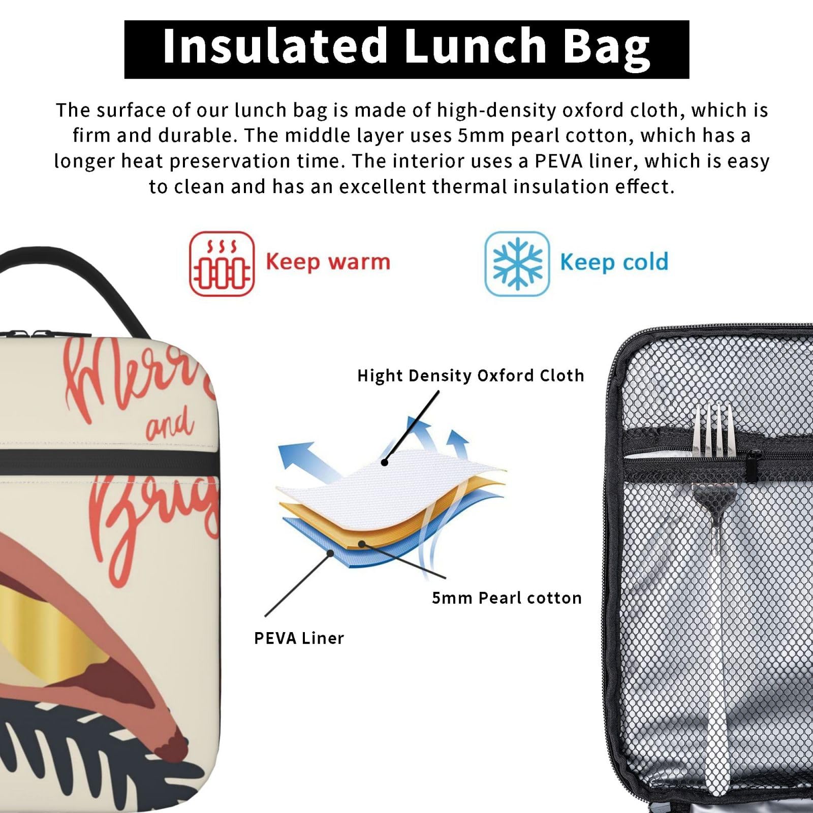 AOSBOS Sac Isotherme Repas Déjeuner 8,5L Lunch Bag Pour Femme Homme, Idéal Pour Travail Bureau Pique-nique, Noir & Motif Colibri Éthéré