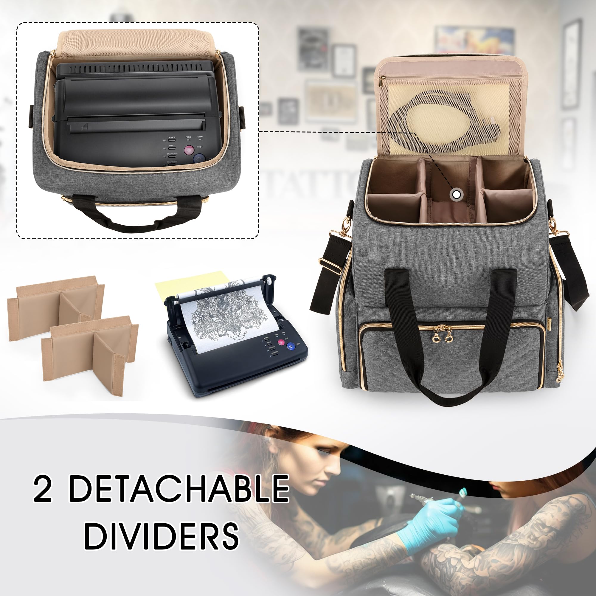 Luxja Large Tattoo Travel Case with 3 Removable Pouches, Tattoo Supplies Organiser for Tattoo Stencil Printer and Tattoo Kit Grey - Image 3