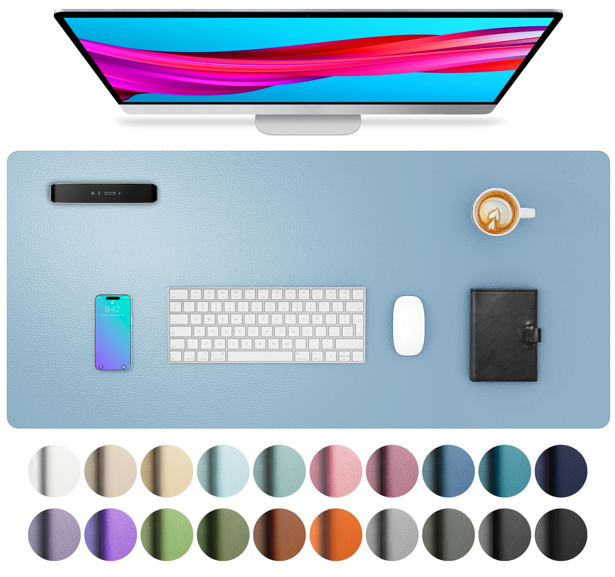 Aothia Faux Leather Desk Mat for Keyboard &amp; Mouse (Sky Blue, 23.6" x 13.7")