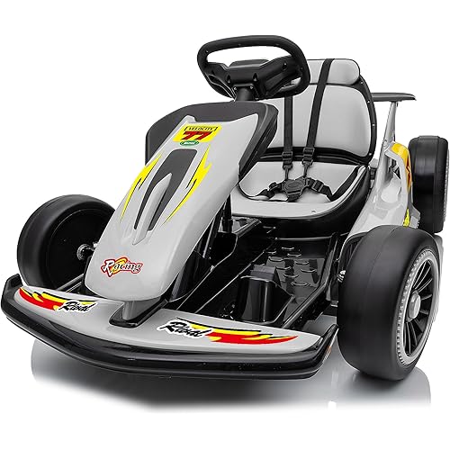 24V Go Karts for Kids Ages 6-12, 400W Electric Go Kart with EVA Tires, Max Speed 8.1 MPH, High/Low Speed, Music, USB, Fast Drift Go-Kart Outdoor Ride on Toy for Boys Girls (Gray)
