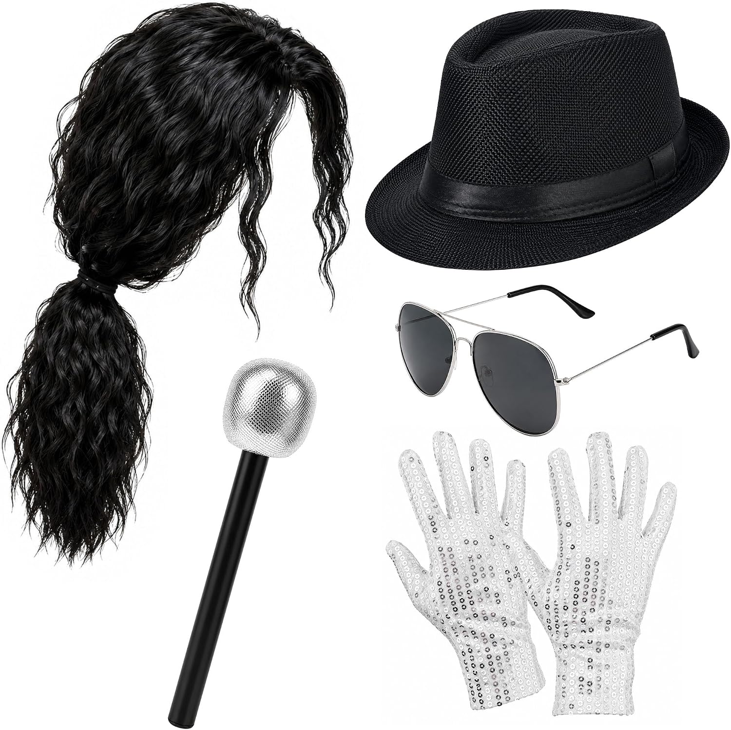 JcHrmers 70s 80s Pop Star Costume Disco Outfits Include Wig Hat Sequins Gloves Sunglasses and Microphone for Men Women Halloween Cosplay