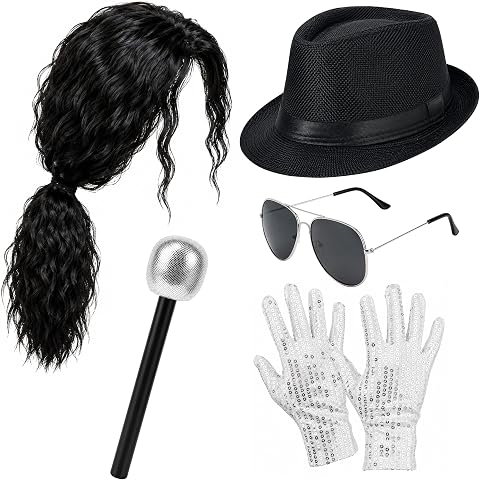 JcHrmers 70s 80s Pop Star Costume Disco Outfits with Wig Hat Gloves Sunglasses Microphone for Men and Women Halloween Cosplay