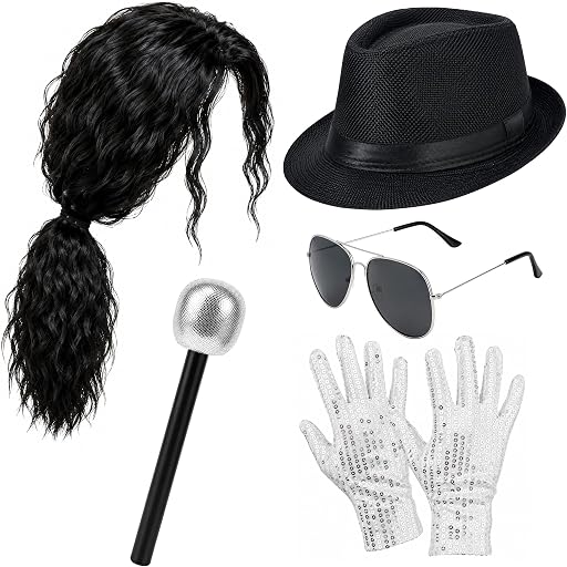 JcHrmers 70s 80s Pop Star Costume Disco Outfits Include Wig Hat Sequins Gloves Sunglasses and Microphone for Men Women Halloween Cosplay