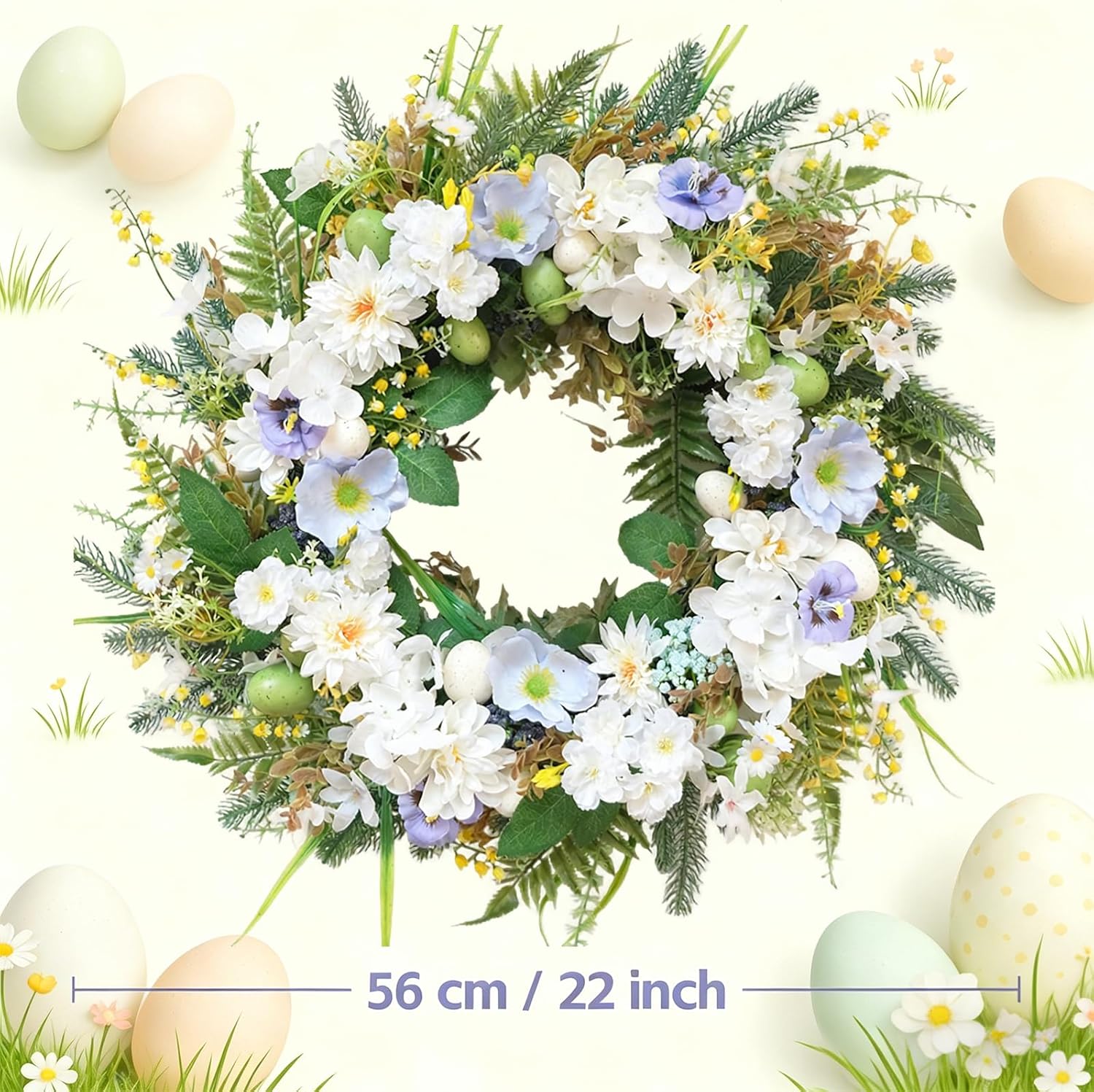 Idyllic 22 Inch Easter Floral Egg Wreath with 3D Bunny - White Blue Flowers on Green Foliage Base, Convertible to Everyday Wreath for Holiday Home Decor