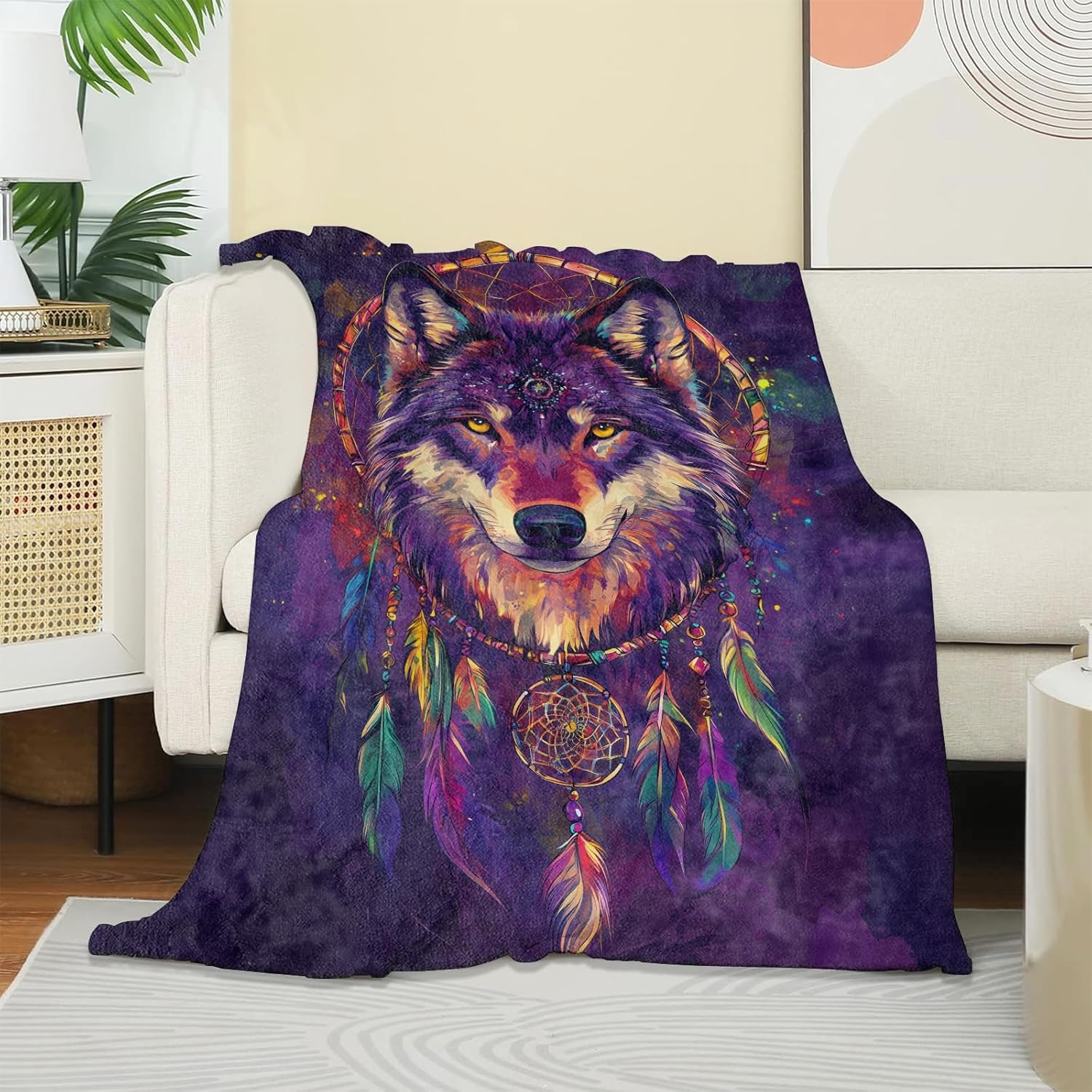 Spirit Wolf Blanket, Soft Warm Cozy Tribal Wolf with Dreamcatcher Throw Blanket Gifts for Adults Women, Lightweight Fuzzy Comfy Flannel Blankets for Couch, Travel, Bed, House Decor 60×50 Inch - Image 2