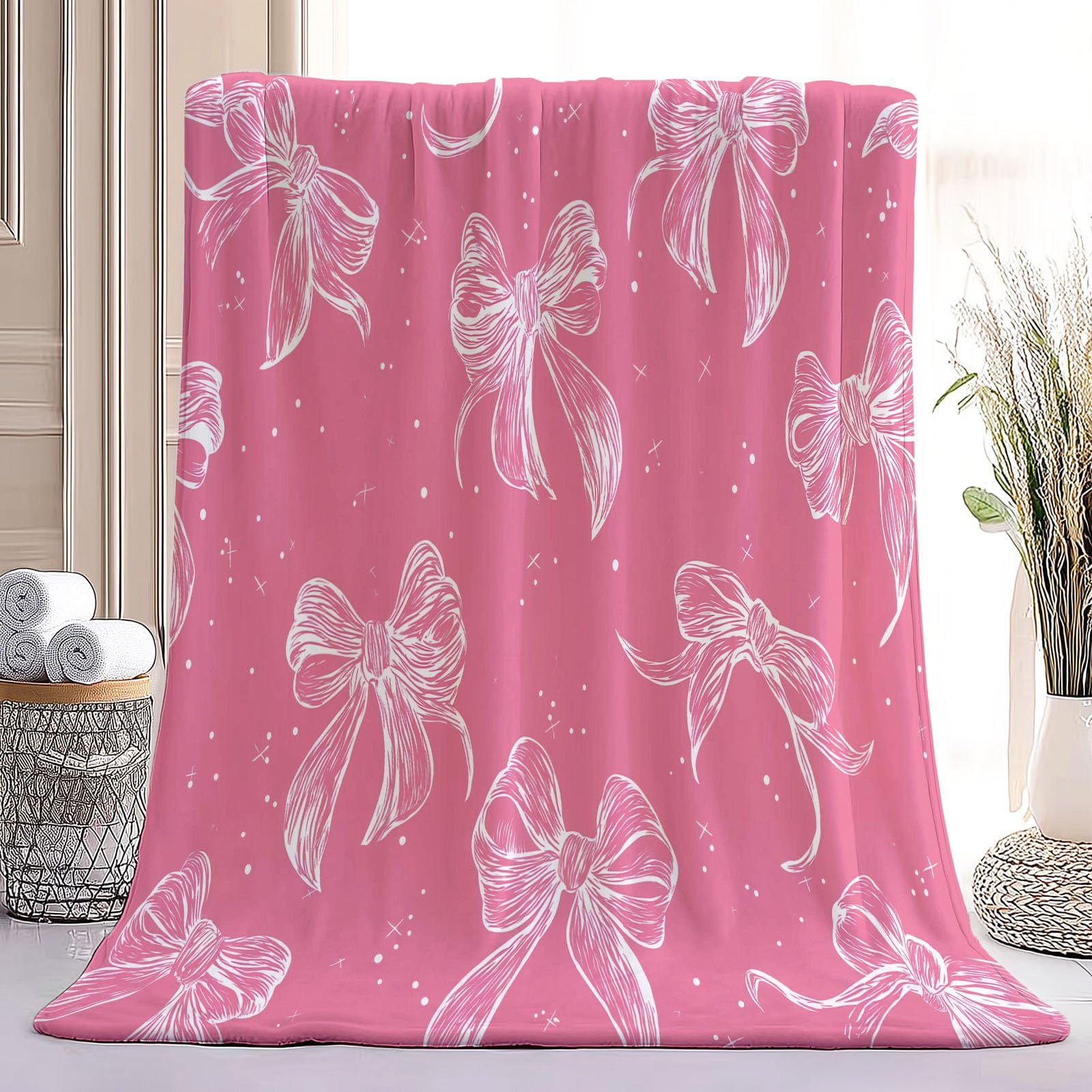 Vintage Rustikal Kuscheldecke Schleifen Sterne Mond Decke Tagesdecke Wohndecke Rosa, Couchdecke Weich Warm Flauschig, Sofa Decke für Reisen Zelten Outdoor, 150 x 200 cm