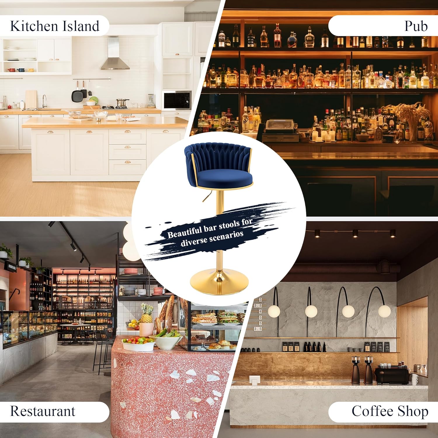 ABET Gold Bar Stools Set of 2, Velvet Woven Barstools, Swivel & Height Adjustable Counter Stools with Upholstered Backrest, Modern Luxury Kitchen Stools Chairs with Footrest for Cafe, Pub, Blue