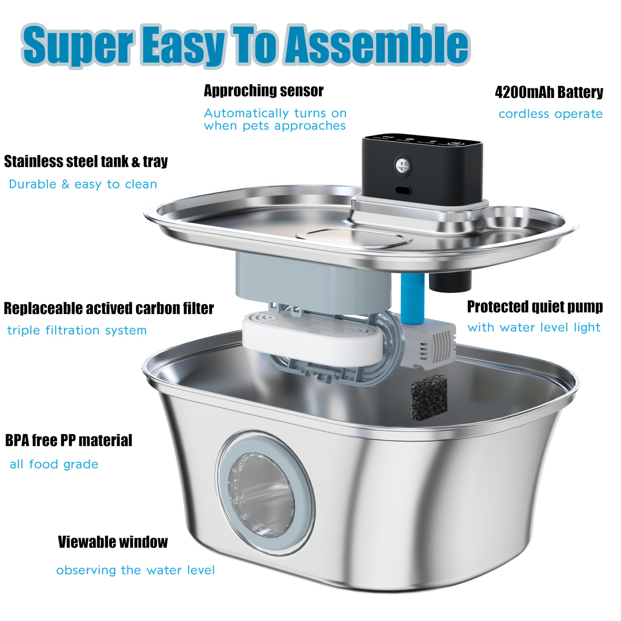 Wireless Cat Water Fountain Stainless Steel, 3.2L Pet Fountain Battery Operated,Cordless Cat Fountain for Cats&Dog with Motion Sensor, Quiet Indoor Cat Fountain for Drinking, Multi-Filtration - image 4