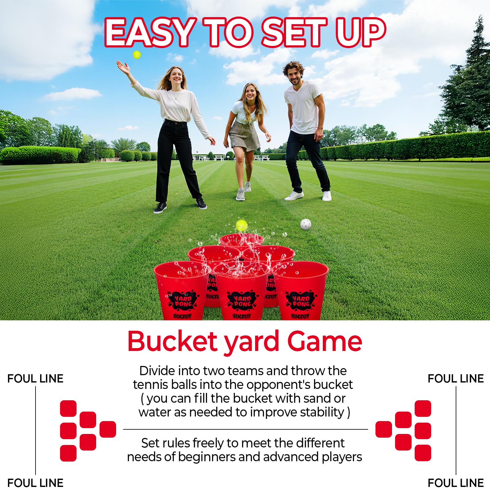 Yard Pong Outdoor Spiele, Giant Yard Games Set mit 12 Eimern und Bällen für Erwachsene und Familie, Wurfspiel Wurfspiele für Strand, Camping, Rasen und Hinterhof