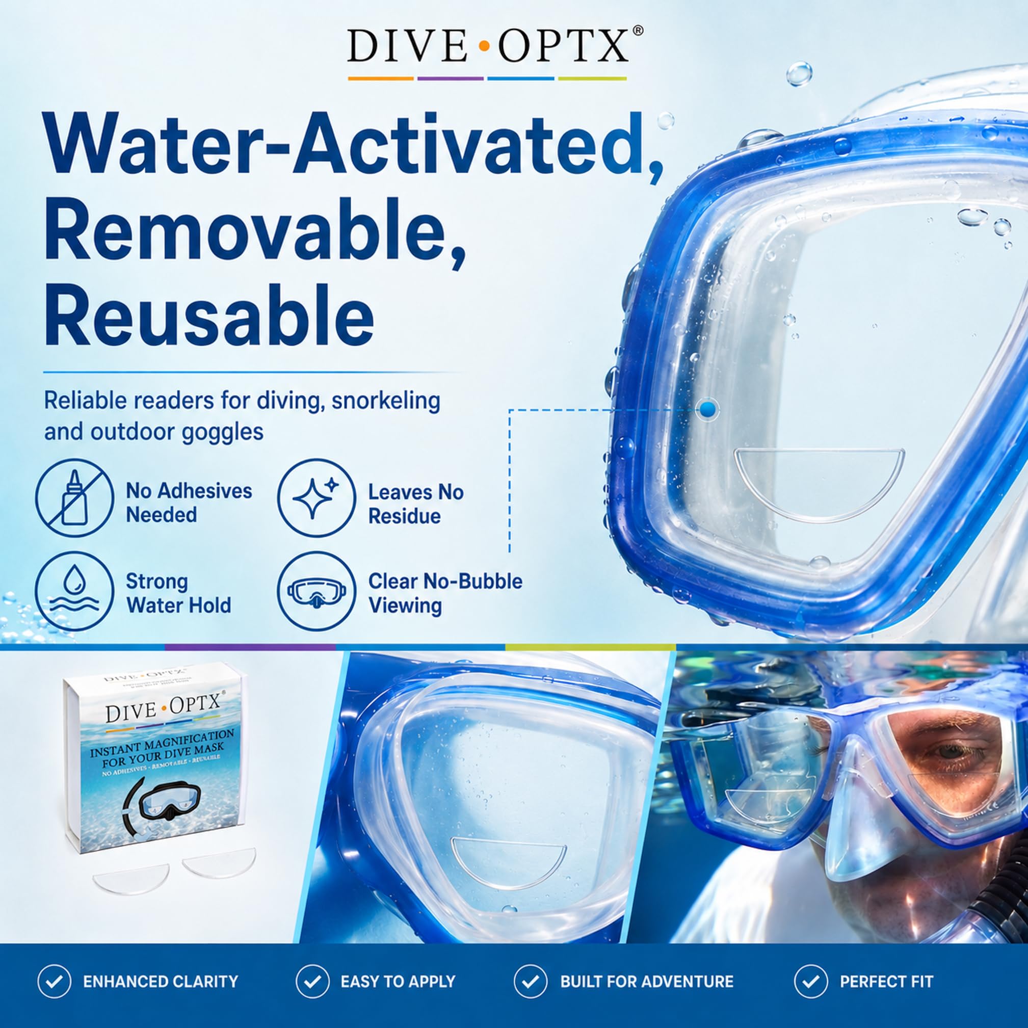 Calabria Hydrotac Dive OPTX 20/20 - Lentes bifocales adhesivas + 2.00, paquete de 2 máscaras de buceo con aumento y calcomanías bifocales