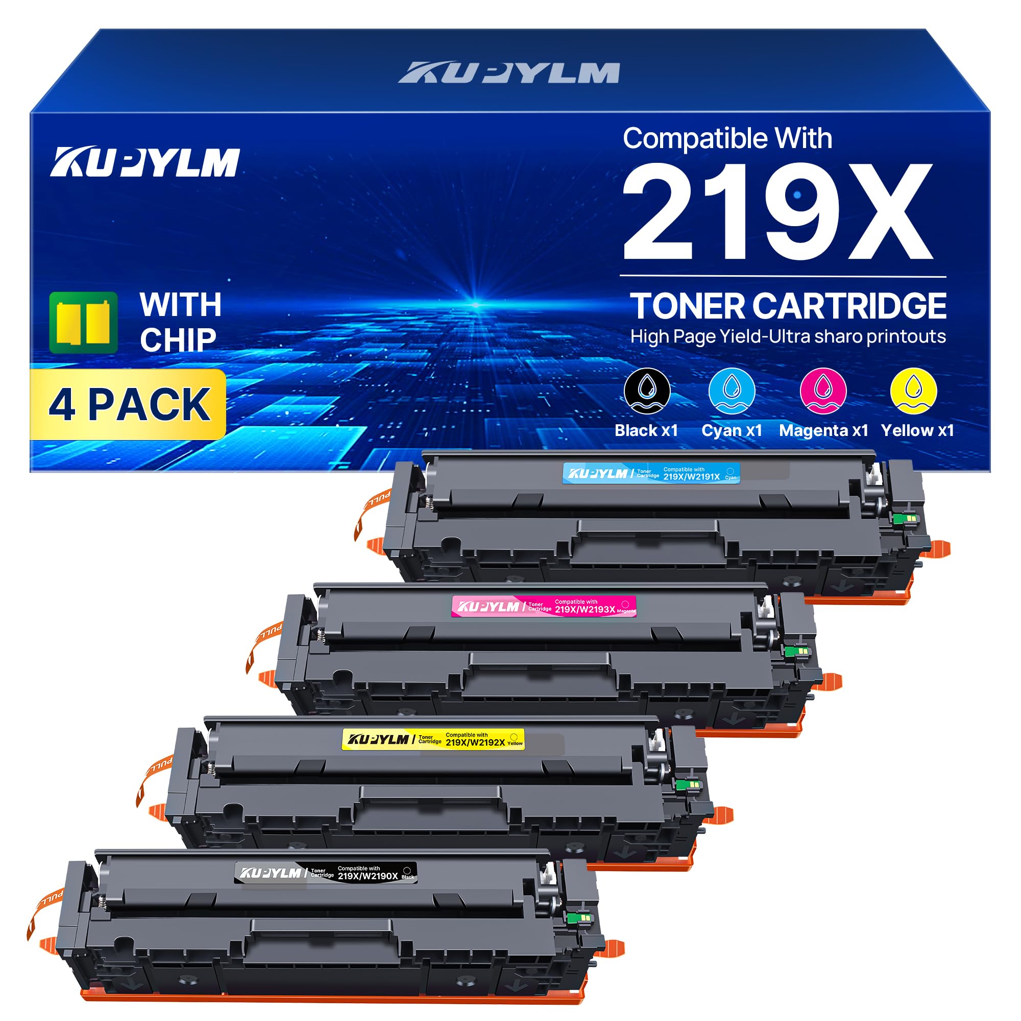 KUPYLM 219X Toner (Con Chip) Compatibile per HP 219X 219A Toner (4-Pack) | Compatibili per HP Color Laserjet Pro MFP 3302FDW 3302SDW 3202DW 3302FDN 3302FDWG 3302SDWG 219X (Nero Ciano Giallo Magenta)