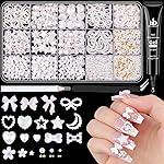 3D Nail Charms for Coquette Nails Design with Rhinestone Glue Set 3, White Nail Bow Charms + Pearl Heart Star Moon Bowknot Nail Jewels + 3D Flowers and Pearls, with Picker Tools for Nail Decor