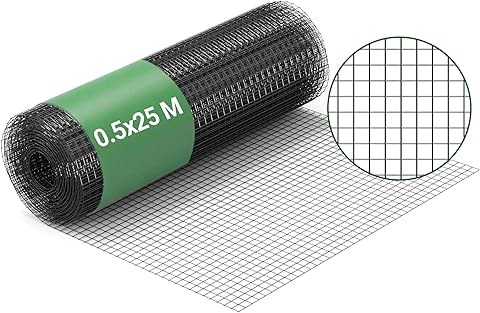 Wiltec Malla de alambre cuadrada 12x12mm de color negro, rollo 25m y altura 50cm, de acero galvanizado