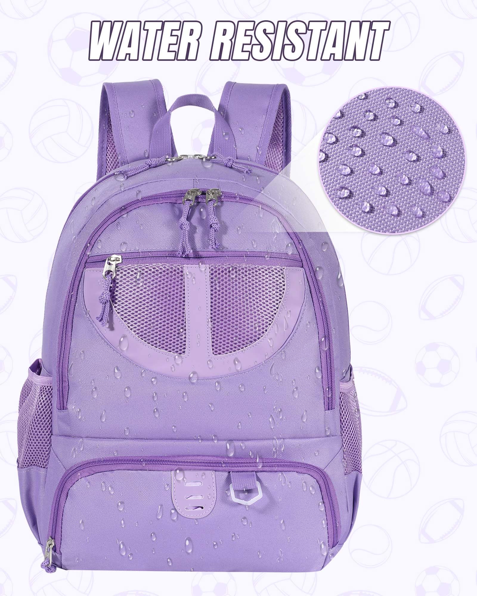 TRAILKICKER Mochila de baloncesto de 30 L, bolsa de fútbol morada con soporte para pelota, compartimento para zapatos, resistente al agua, transpirable, mochila multideportiva para voleibol, fútbol