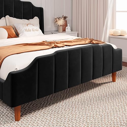 Miniatura 5 de Allewie Base de cama tapizada de terciopelo tamaño Queen con cabecera vertical y estribo patas de madera maciza y soporte de listones fuertes no