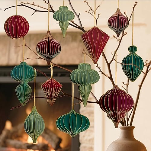 12 Pcs Red and Green Christmas Paper Honeycomb Ornaments for