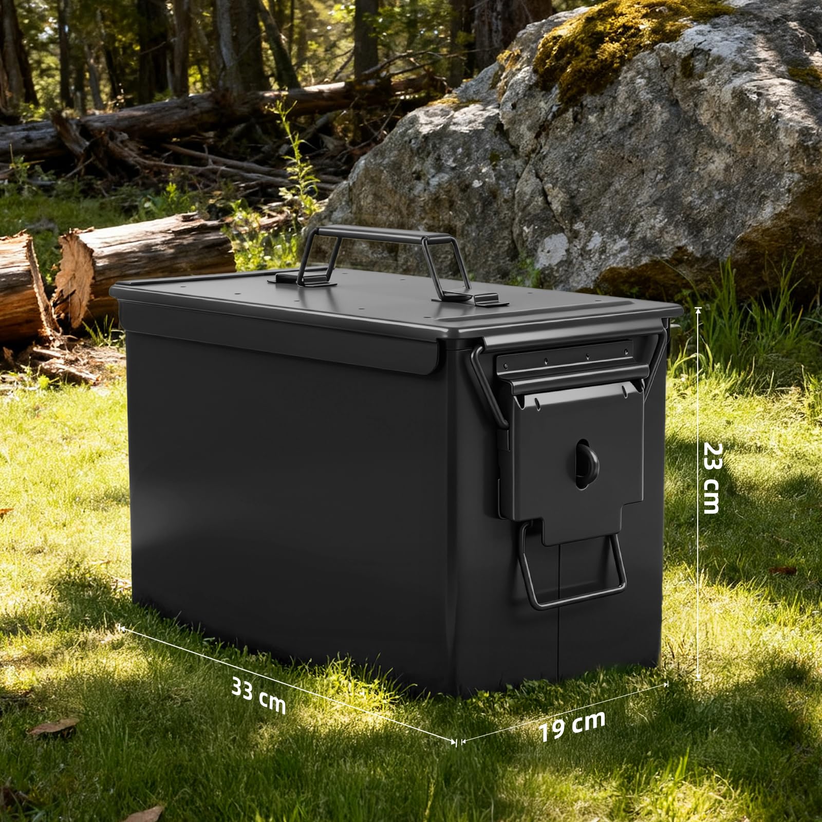 Trucky Munitionsbox Ammo Box 33x19x23 cm Metallkiste Munitionskiste Metallbox Aufbewahrungsbox mit Deckel Army Schwarz Metall