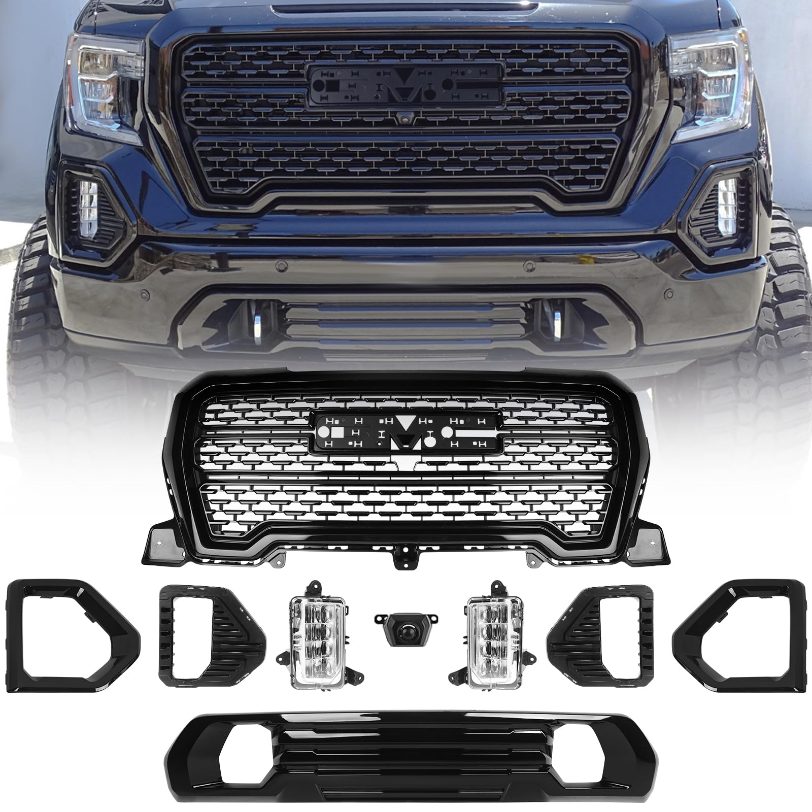 Grille Set 9pcs Compatible with GMC Sierra 1500 AT4/Denali 2019-2022 Front Upper Grill + Front Lower Bumper Filler + Fog Lights + Fog Light Bezels + Fog Light Covers + Camera Bracket (Black)