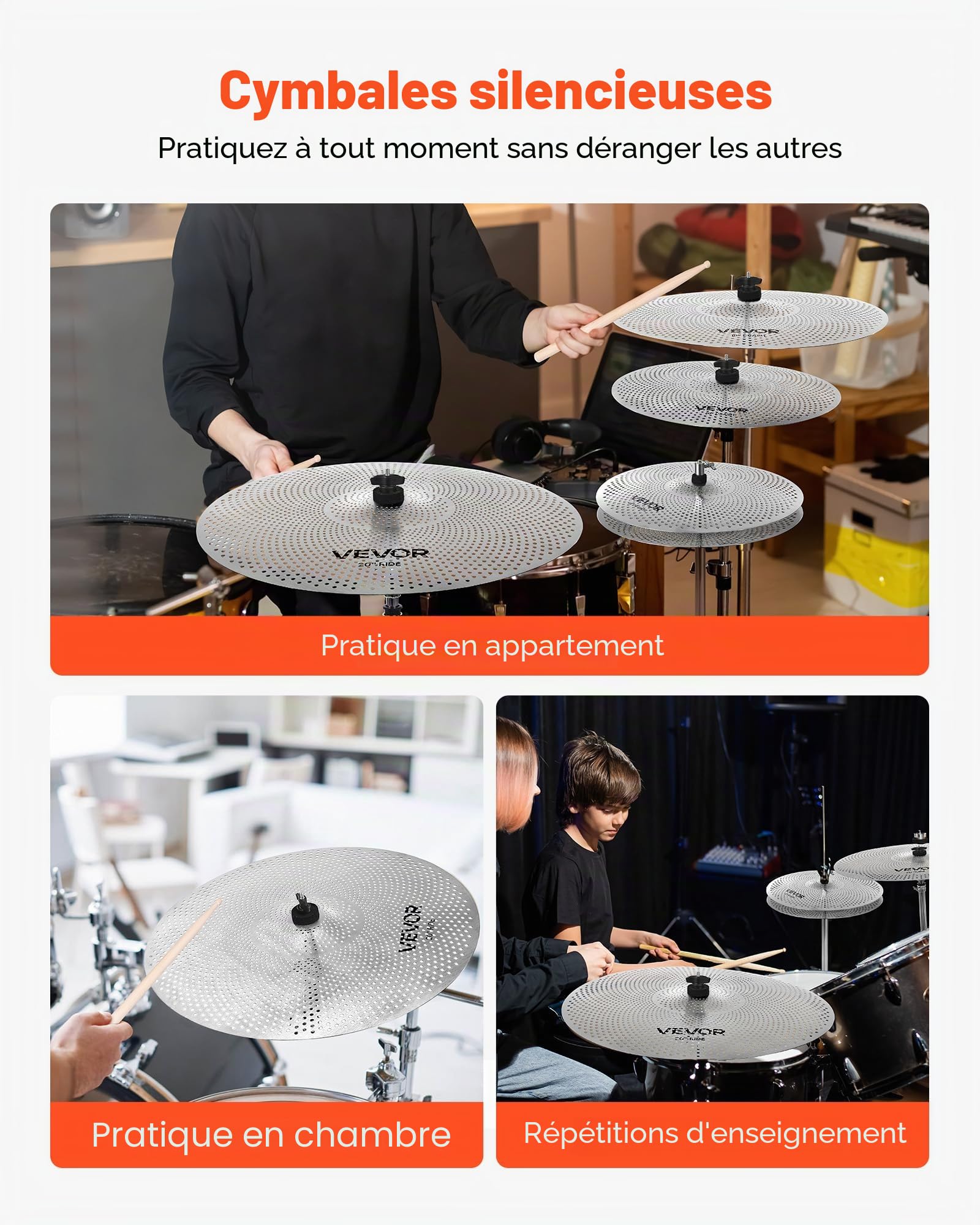 VEVOR Ensemble de Cymbales Batterie, Cymbale Charleston 355 mm, Crash 400 mm, Crash 455 mm, Ride 505 mm, avec Baguettes, Sac de Rangement, Lot de 4 Cymbales à Faible Volume, Couleur Argent Brillant