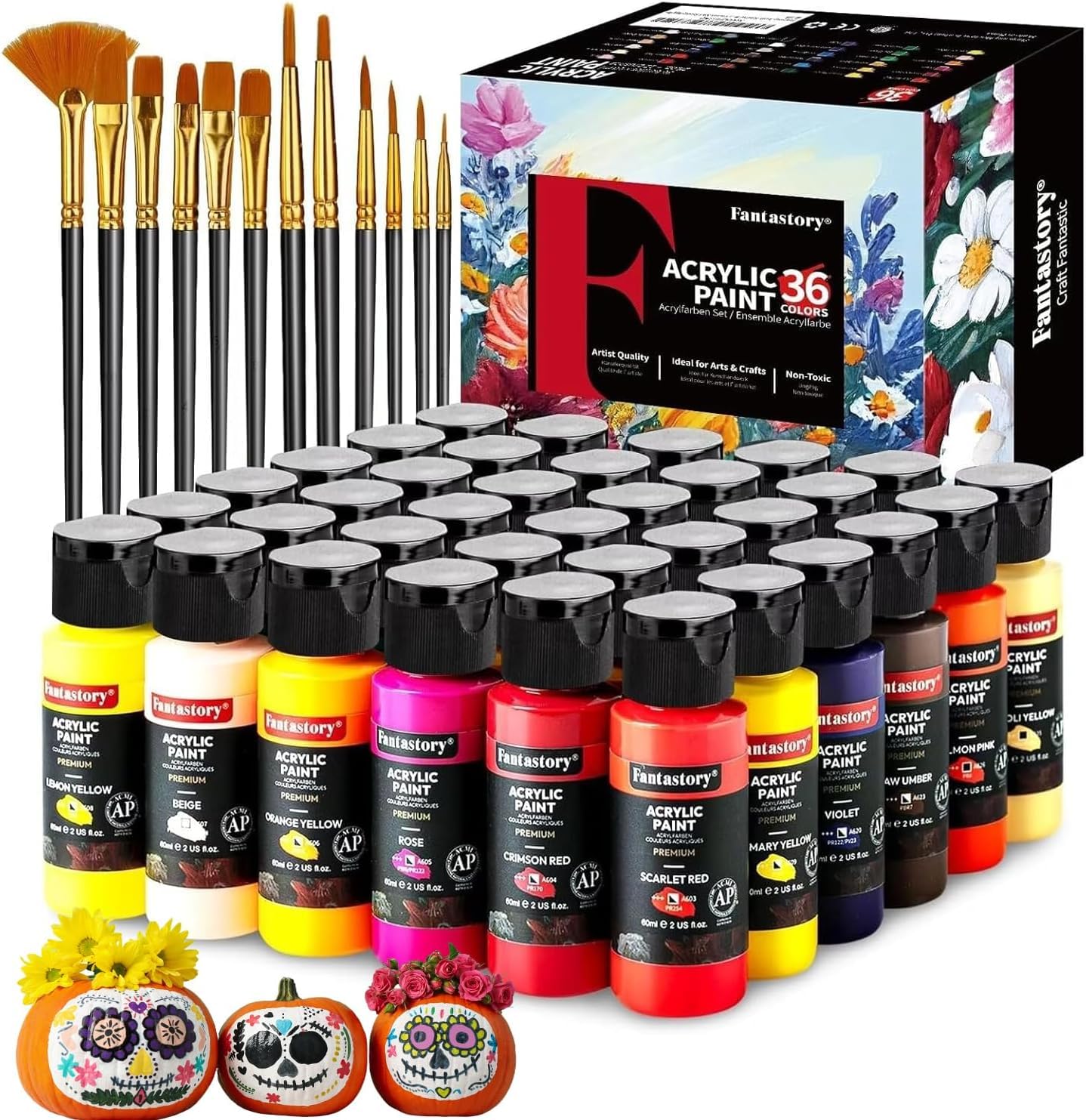 Fantastory Acrylic Paint Set 36 Classic Colors(2oz /60ml) with 12 Brushes, Professional Craft Thick Paints Kits for Adults, Canvas Wood Fabric Ceramic