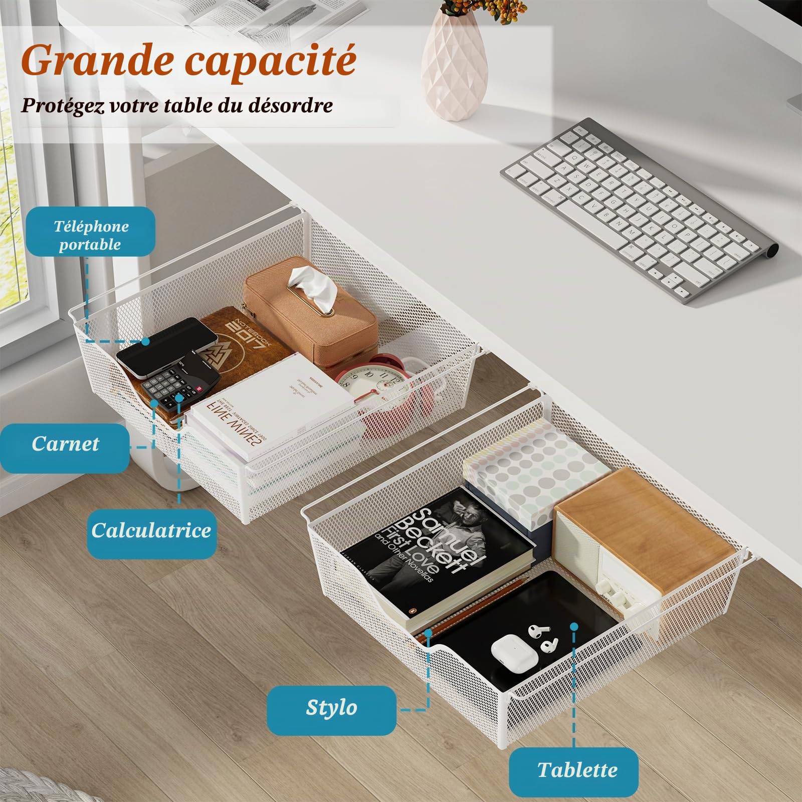 2 Pack Tiroir Sous Bureau Autoadhésif Rangement Tiroir Bureau Grille Blanc | Tiroir Coulissant Rangement Sous Bureau Métal avec 2 Vis, Tiroir Rangement Autoadhésif pour Bureau Chambre Cuisine
