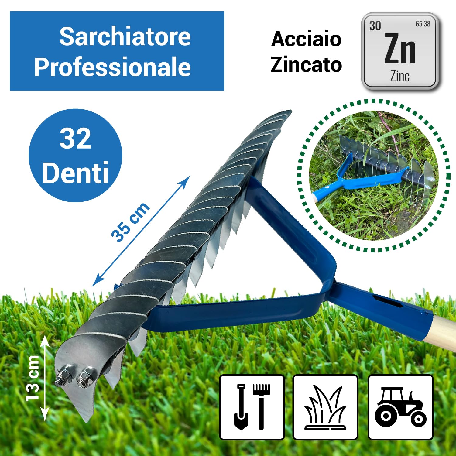 Crisalide® - Rastrello Sarchiatore Arieggiatore, Rastrello da Prato, 32 Denti In Acciaio Zincato, 35cm, Con e Senza Manico (Con Manico)