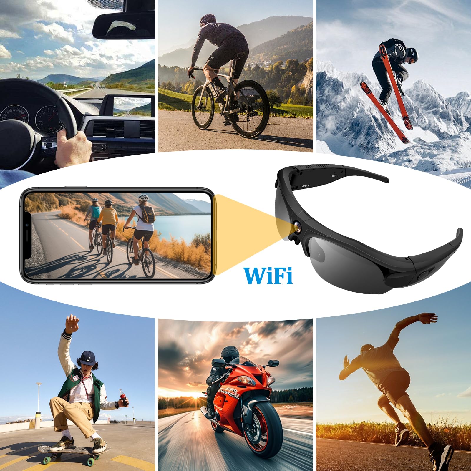 Brille mit Kamera & 1080P WiFi, 120° Weitwinkel, polarisiert für Sport | 100 Min Akku, 256GB Speicher, polarisierte Linsen (UV-Schutz), Loop-Aufnahme, inkl. Zubehör-Set