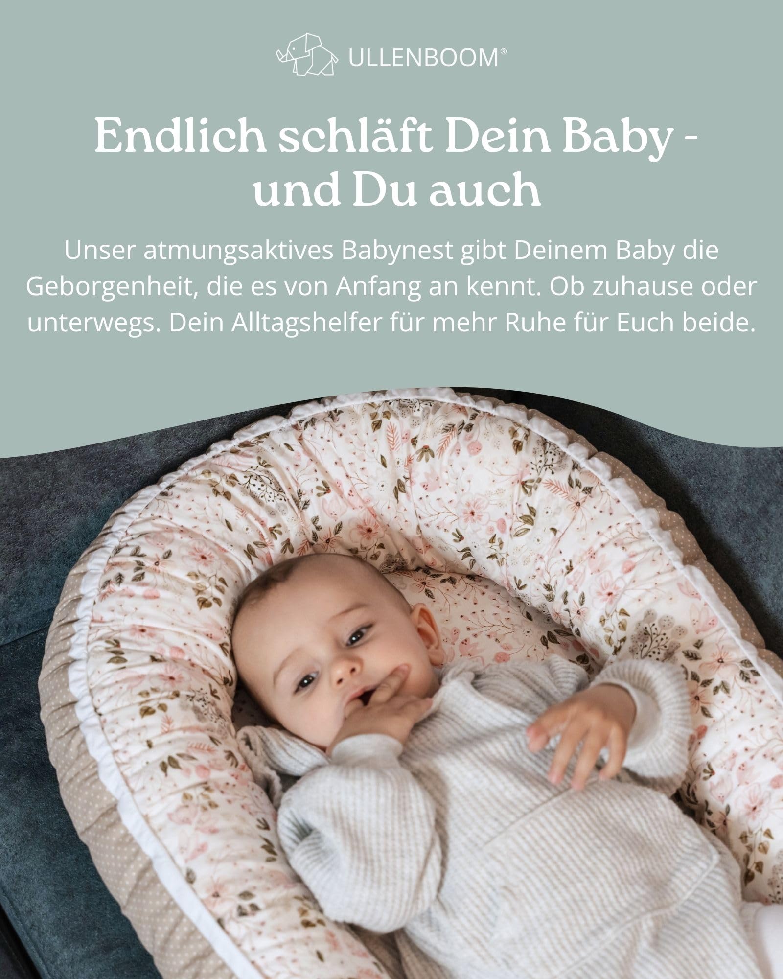 ULLENBOOM Babynest - 100% OEKO-TEX Materialien & Made in EU, Rosa Blüten - Babynestchen Neugeborene aus kuscheliger Baumwolle, Ideal als Reisebett & Kuschelnest geeignet