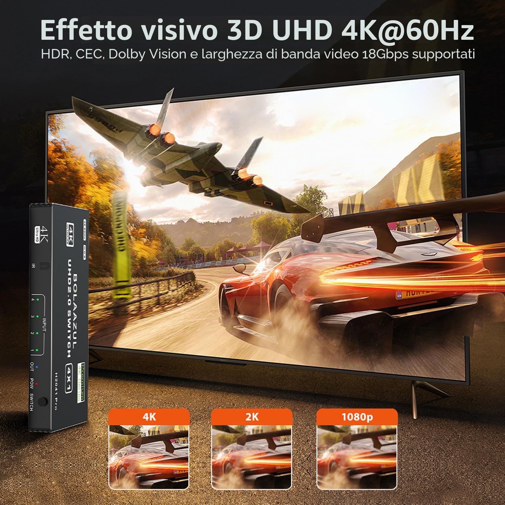 BolAAzuL Switch HDMI 4 in 1 Out 4K 60Hz, Port Expander Hub Selettore Commutatore Video Con Telecomando, Supporto 3D, HDCP2.2, HDR per PS5/PS4Pro/PS4, Xbox Series X/S