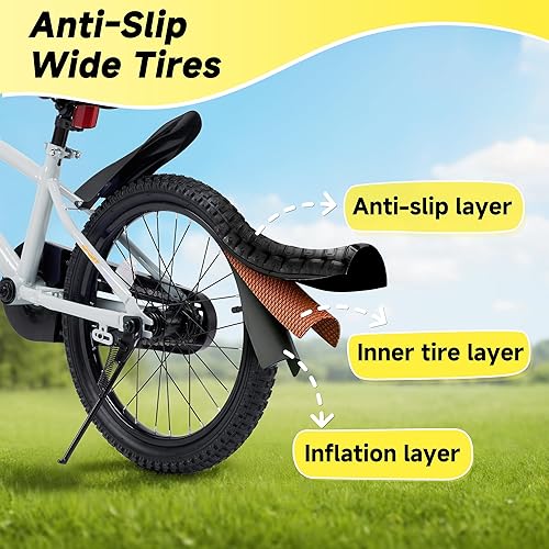 Miniatura 6 de BODIOO Bicicleta para niños y niñas de 16 pulgadas, bicicleta infantil con pata de cabra, ruedas de entrenamiento, marco resistente, asiento