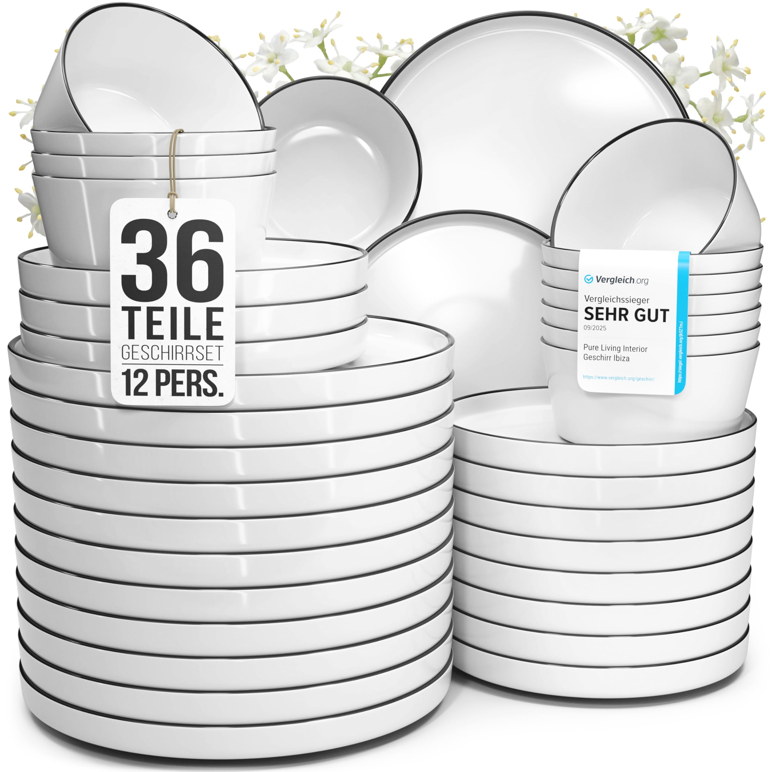 Porzellan Geschirrset 12 Personen Scandi 36 tlg. TESTSIEGER, Traumhaftes skandinavisches Porzellan Geschirr Set, Schüssel- und Teller Set, Tafelservice 12 Personen, Geschirrsets Pure Living in weiß