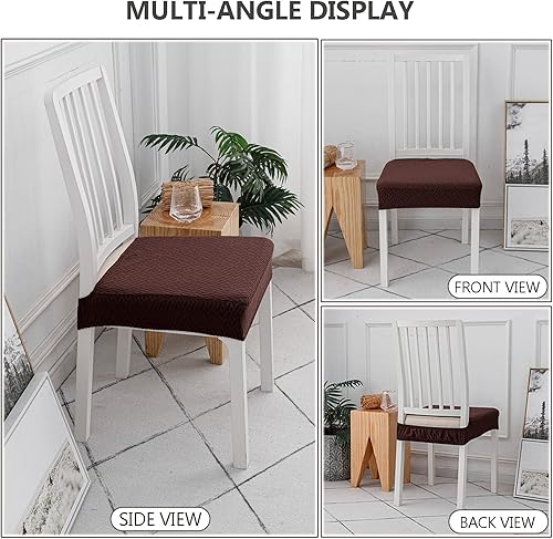Miniatura 4 de Juego de 4 fundas elásticas para asiento de silla de comedor, de tela jacquard, extraíbles, lavables, impermeables, para sillas de cocina, color café