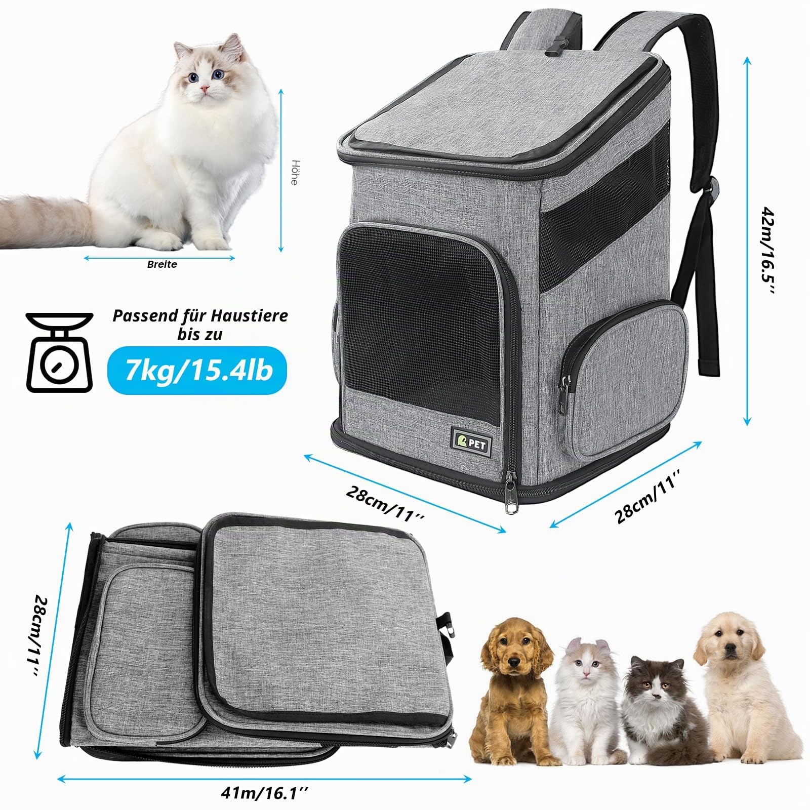 Katzenrucksack, Faltbarer Haustier-Tragerucksack für Katzen und kleine Hunde, Hunderucksack mit belüftetem Design Innensicherheitsgurt, Welpentragetasche für Wandern, Reisen, Outdoor (Grau, M)
