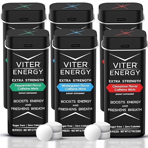 Viter Energy Mentas con cafeína extra fuertes 80 mg de cafeína, vitaminas B, menta vegana sin azúcar. Potente impulso energizante. 1 menta reemplaza
