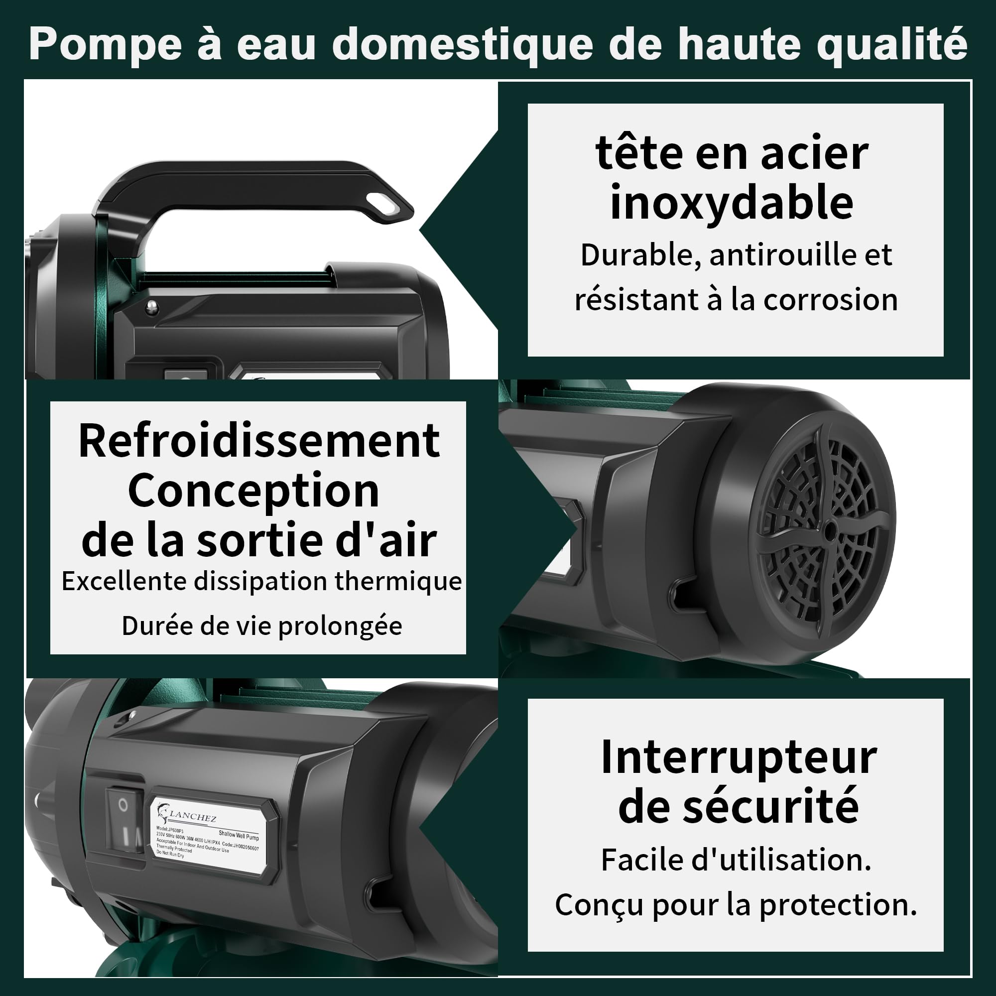 LANCHEZ Pompe de Jardin 4600 L/H, 600 W, Hauteur de Refoulement 36 m, Hauteur d'Aspiration 8 m, Poignée de Transport, Pompe à Eau pour Récupérateur d'Eau de Pluie, Citerne et Étang