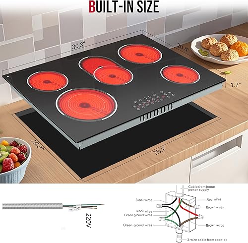 Miniatura 7 de Estufa eléctrica de 30 pulgadas, estufa eléctrica de 5 quemadores incorporada de 8400 W, placa de cocina de cerámica de vidrio de 30 pulgadas con