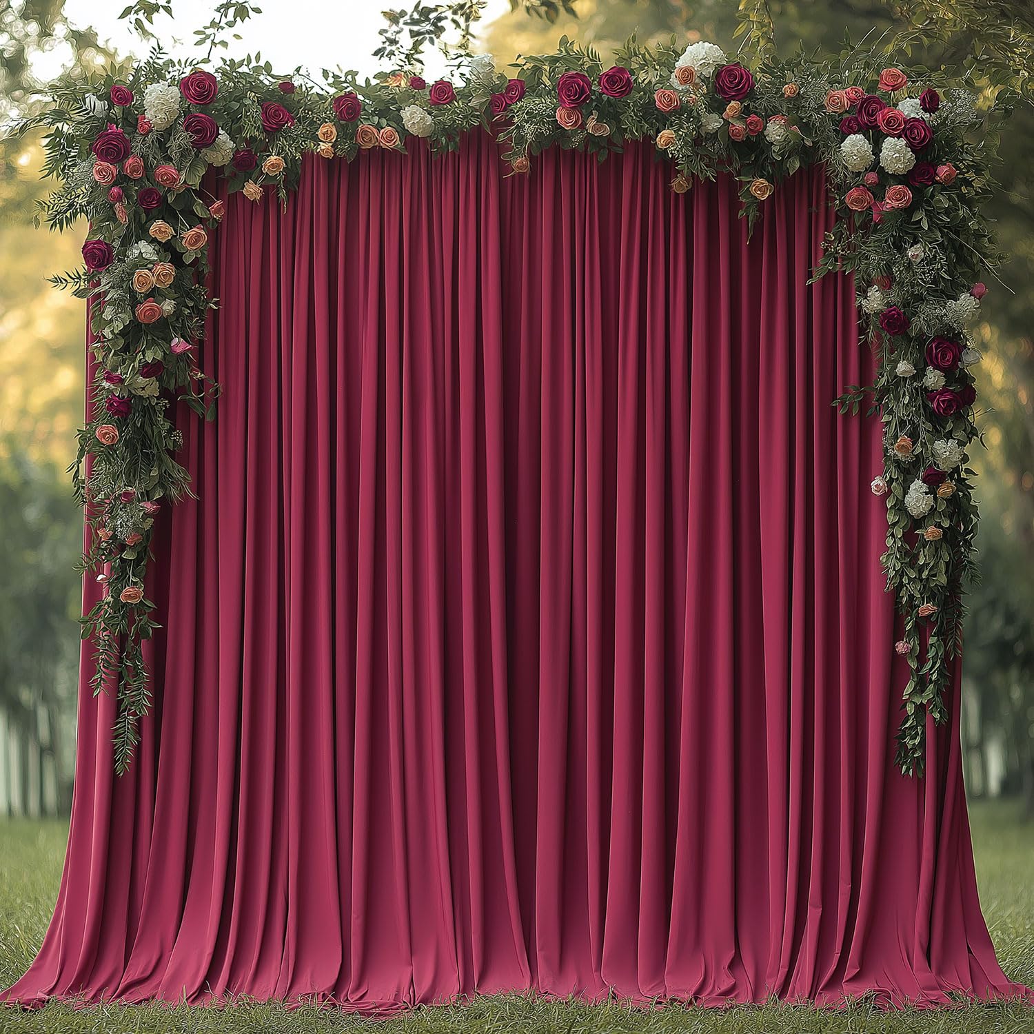 Photo 1 of ESGOTBME 10x10ft Wrinkle Free ?Burgundy Backdrop Curtain for Parties Soft Fabric Drapes Wedding ?Curtain Backdrop for Birthday Party Decorations Background for Photography 5x10ft, 2 Panels