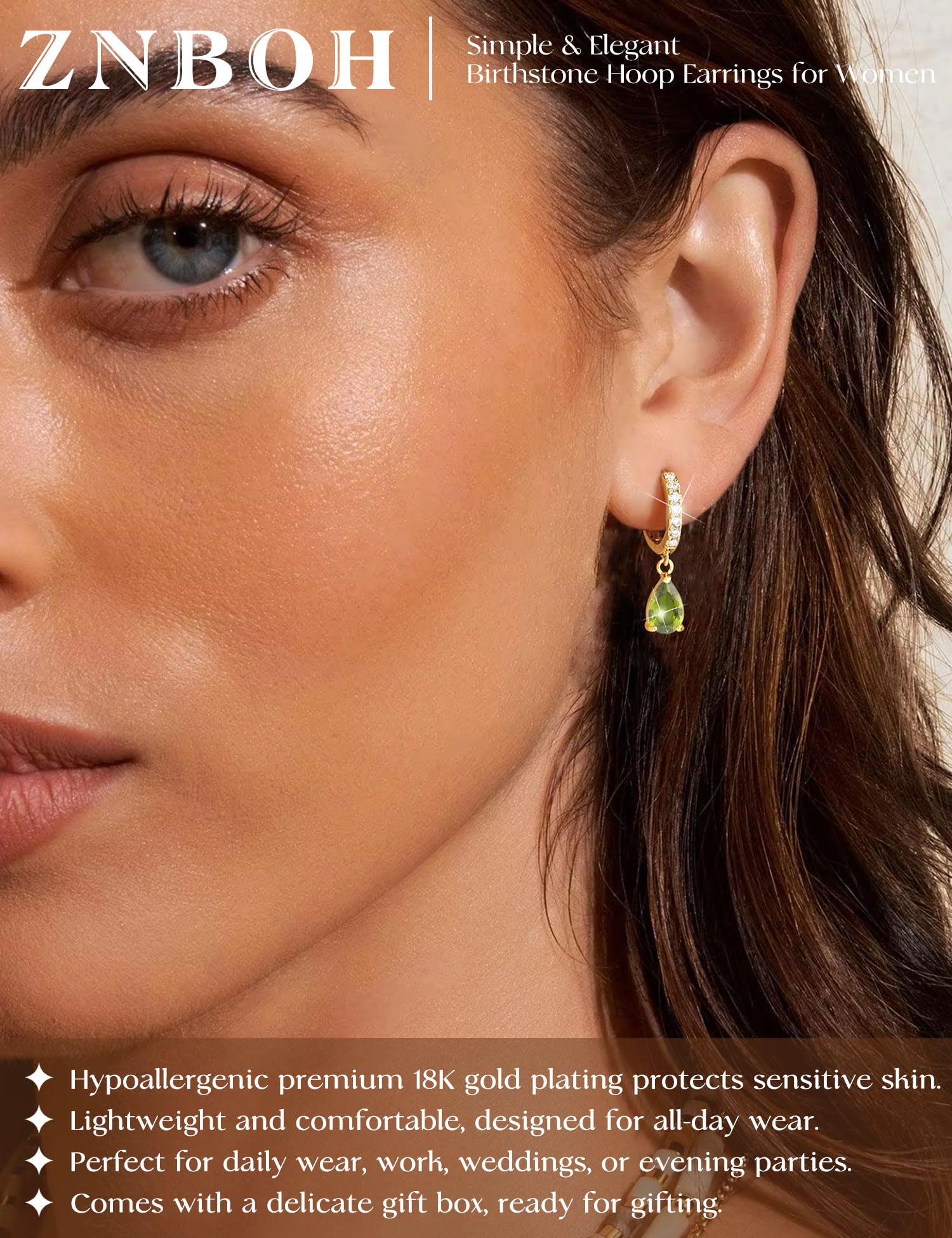 ZNBOH Orecchini Pendenti Donna Oro Placcato 18K Anallergici Piccoli Orecchini con Zirconi Pietra di nascita Smeraldo Acquamarina Ametista Moissanite Piercing Orecchio Cerchio Gioielli Regalo Donna