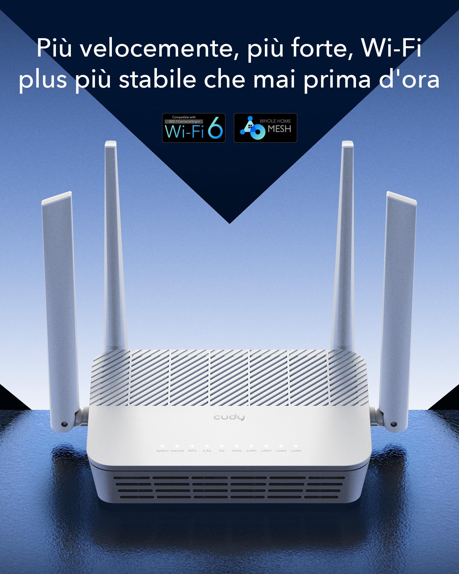 Cudy WR3000S AX3000 Dual Band WiFi 6 Mesh Router, 5 porte Gigabit Ethernet RJ45, 4 antenne ad alto guadagno 5dBi, MU-MIMO, OpenVPN, Wireguard, Zerotier, Ipsec VPN, Cloud APP